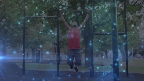 Animation-of-communication-network-over-male-athlete-with-prosthetic-leg-exercising-outdoors