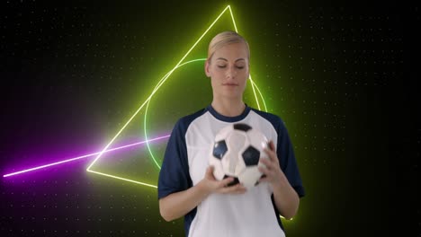 Animation-of-neon-scanner-processing-data-and-smiling-caucasian-female-football-player-holding-ball