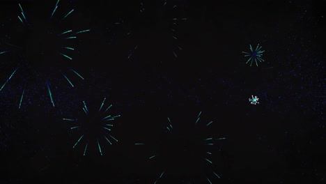 Animation-of-new-year's-eve-greetings-and-blue-fireworks-exploding-on-black-background