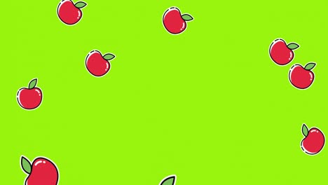 Animation-of-red-apples-falling-on-bright-green-background