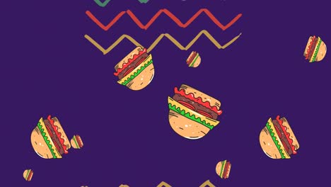 Animation-of-hamburgers-falling-with-zigzag-green,-yellow-and-red-lines-on-dark-purple-background