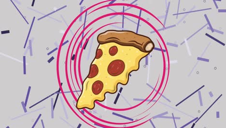Animation-of-pepperoni-pizza-slice-with-pink-rings-and-purple-lines-moving-on-pale-grey-background