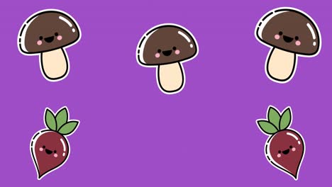 Animation-of-smiling-radishes-and-mushrooms-moving-upwards-on-purple-background