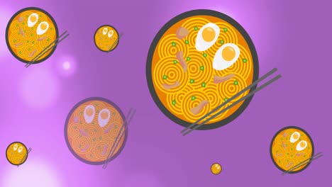 Animation-of-bowls-of-noodles-with-eggs-and-chopsticks-over-moving-bokeh-lights-on-purple-background