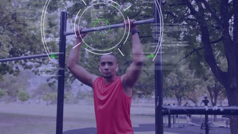 Animation-of-scope-processing-data-over-male-athlete-exercising-outdoors-with-wireless-earphones