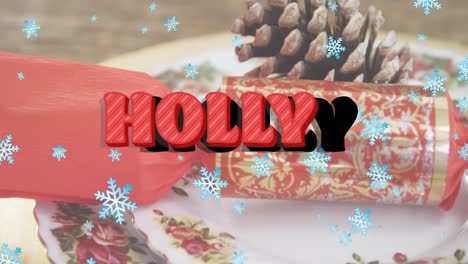 Animation-of-holly-text-over-christmas-gift
