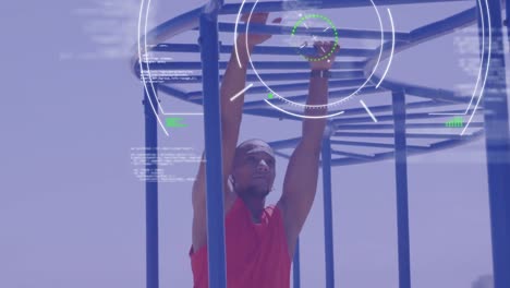 Animation-of-rotating-scanner-and-processing-data-over-male-athlete-exercising-on-monkey-bars