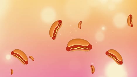 Animation-of-falling-hotdogs-over-bokeh-lights-on-blended-orange-and-pink-background