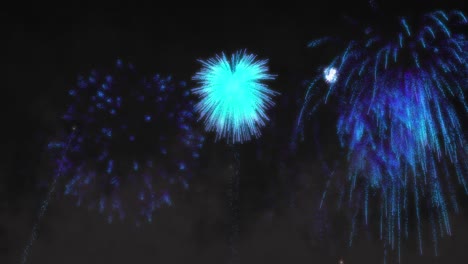 Animation-of-blue-fireworks-exploding-on-black-background