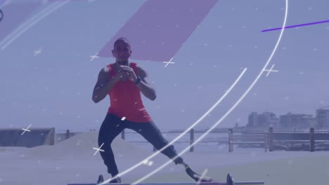 Animation-of-scope-and-processing-data-over-male-athlete-with-running-blade-exercising-outdoors