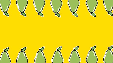 Animation-Von-Zwei-Reihen-Grüner-Birnen,-Die-Sich-Oben-Und-Unten-Auf-Einem-Gelben-Hintergrund-Bewegen