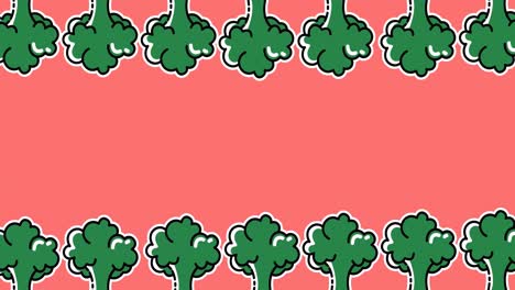 Animation-of-two-rows-of-green-broccoli-moving-at-top-and-bottom-of-pink-background