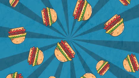 Animation-of-cheeseburgers-falling-over-rotating-blue-radiating-stripes