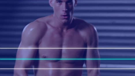 Animation-of-blue-and-white-neon-lines-over-caucasian-male-boxer-warming-up