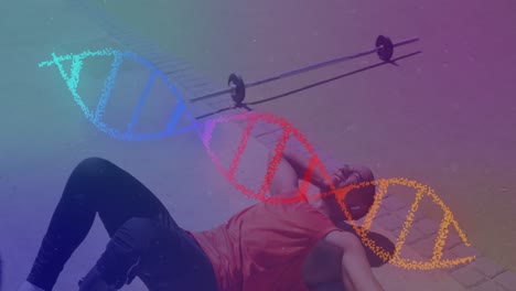 Animation-of-colourful-dna-strand-over-male-athlete-resting-after-exercise-outdoors