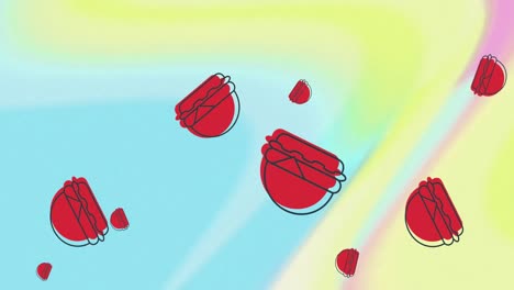 Animation-Von-Roten-Hamburgern,-Die-über-Einen-Bewegten-Pastellfarbenen-Hintergrund-Fallen