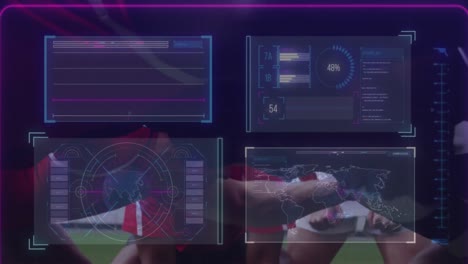 Animation-Der-Schnittstelle-Und-Datenverarbeitung-über-Männliche-Rugbyspieler-Im-Gedränge