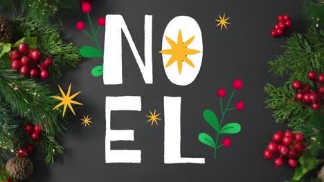 Animation-Von-Noel-Text-über-Weihnachtstannenzweigen