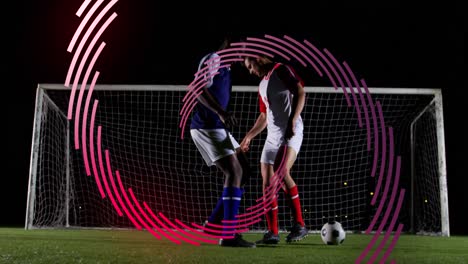 Animation-of-red-line-spiral-rotating-over-two-male-football-players-during-match