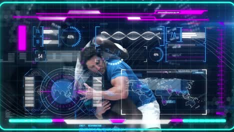 Animation-of-interface-processing-data-over-two-male-rugby-players-tackling