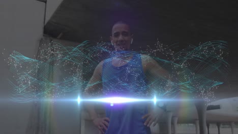 Animation-Eines-Leuchtenden-Kommunikationsnetzwerks-über-Einem-Ruhenden-Männlichen-Athleten,-Der-Im-Freien-Trainiert