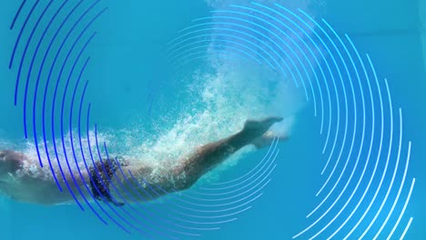 Animation-Einer-Rotierenden-Blauen-Linienspirale,-Die-Sich-über-Einem-Männlichen-Schwimmer-Unter-Wasser-Dreht