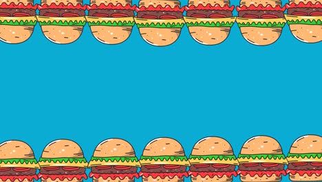 Animation-Von-Zwei-Reihen-Cheeseburger,-Die-Sich-Oben-Und-Unten-Auf-Einem-Blauen-Hintergrund-Bewegen