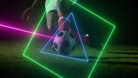 Animation-Eines-Neon-Scanners,-Der-Daten-über-Einen-Fußballspieler-Verarbeitet,-Der-Den-Ball-Tritt