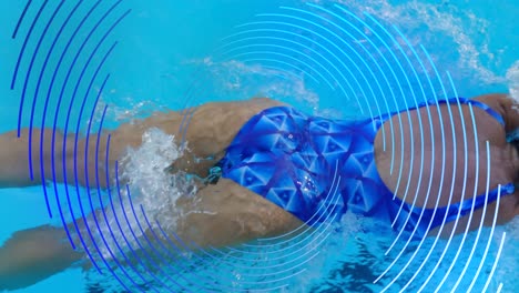 Animation-of-blue-line-spiral-rotating-over-woman-swimming-in-pool