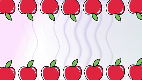 Animation-of-rows-of-red-apples-at-top-and-bottom-moving-over-wavy-lines-on-pastel-pink-background