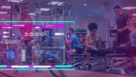Animation-of-glowing-interface-processing-data-over-people-exercising-at-gym
