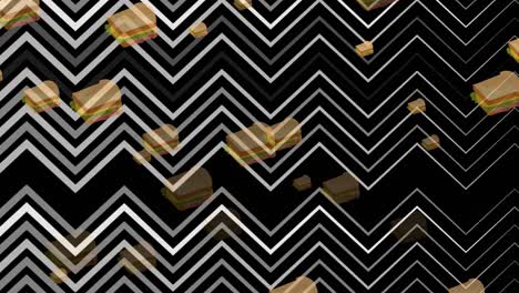 Animation-of-falling-sandwiches-over-moving-grey-zigzag-lines-on-black-background