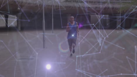 Animation-of-glowing-network-of-communication-over-male-athlete-with-prosthetic-leg-running