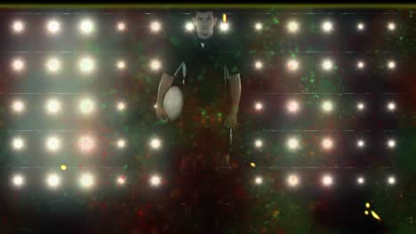 Animation-of-damaged-film-clip-of-caucasian-male-rugby-player-holding-ball-in-front-of-spotlights