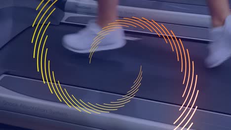 Animation-of-orange-line-spiral-rotating-over-athlete-running-on-treadmill