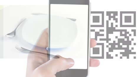 Animation-of-qr-code,-plate-spinning-and-qr-code-scanning-on-smartphone