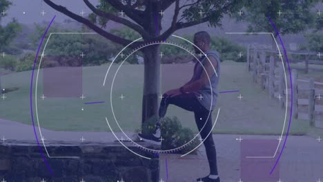 Animation-Der-Kreisförmigen-Zielfernrohrverarbeitung-über-Einem-Männlichen-Athleten-Mit-Beinprothese,-Der-Im-Freien-Trainiert
