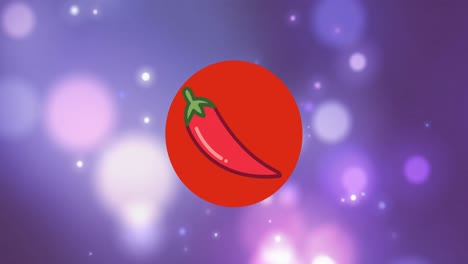 Animation-of-red-chili-pepper-in-red-circle-over-moving-bokeh-lights-on-purple-background