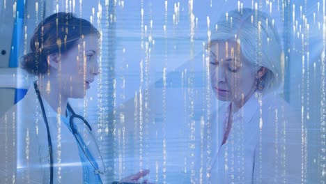 Animation-of-binary-coding-data-processing-over-female-patient-and-female-doctor-using-tablet