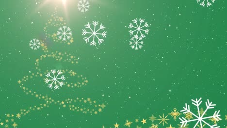 Animation-of-snow-falling-over-christmas-tree-on-green-background