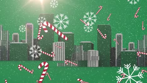 Animation-of-snow-falling-over-christmas-candy-canes-and-cityscape-on-green-background