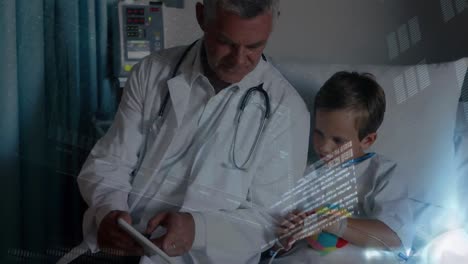 Animation-of-binary-coding-data-processing-over-boy-patient-and-male-doctor-using-tablet