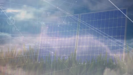 Animation-Des-Netzwerks-Von-Verbindungen-über-Solarpaneele-Im-Hintergrund
