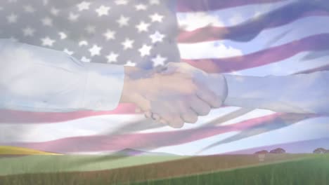 Animation-of-american-flag-blowing-and-business-people-shaking-hands-over-green-field