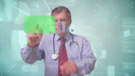 Animation-of-male-doctor-using-touchscreen-interface-with-greenscreen-and-data-processing