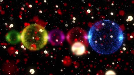 Animation-of-snow-falling-over-baubles-and-glowing-lights-background