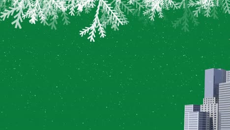 Animation-of-snow-falling-over-christmas-decorations,-cityscape-with-copy-space-on-green-background