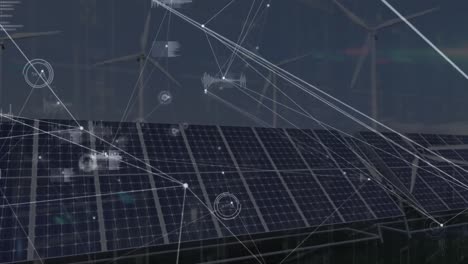 Animation-of-network-of-connections-over-solar-panels-in-background