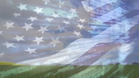 Animation-of-american-flag-blowing-with-green-field-and-data-processing
