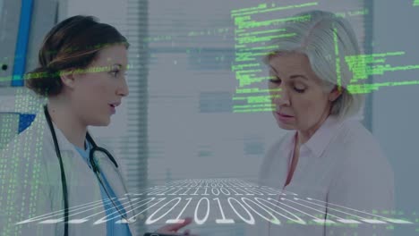 Animation-of-data-processing-over-female-patient-and-female-doctor-using-tablet